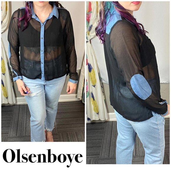 Olsenboye chambray and black sheer snap up long sleeve shirt lightweight - Picture 1 of 11